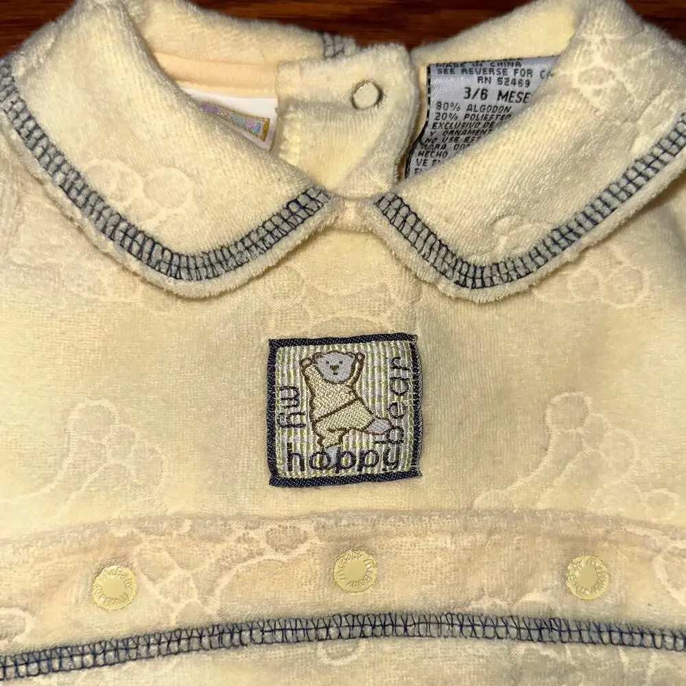 Vintage 90s McBaby Yellow Terry Teddy Bear One Piece Footie Jumpsuit Size 3/6M